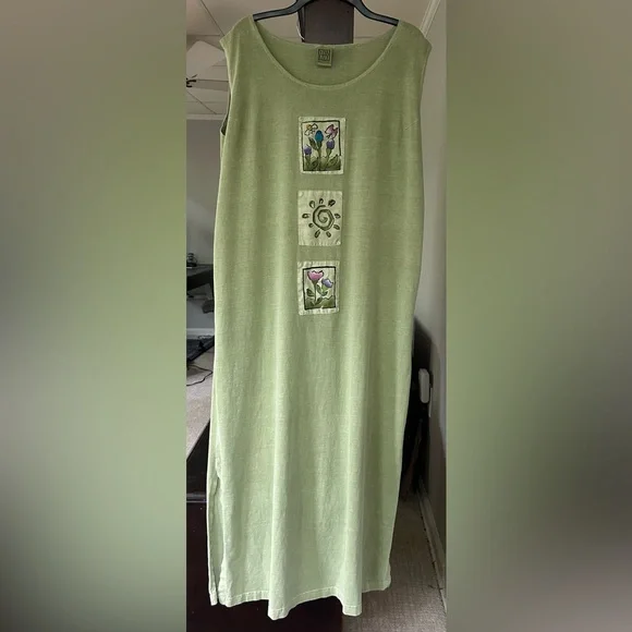 VINTAGE VIVA CITY USA Green Patchwork Cotton Oversized Lagenlook Midi Dress | L - Picture 3 of 15